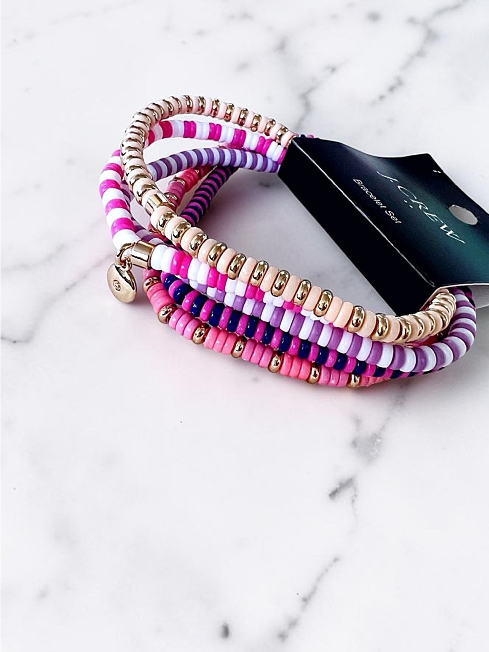 J. Crew Pink, Purple & Gold Beaded Bracelet Set of Five